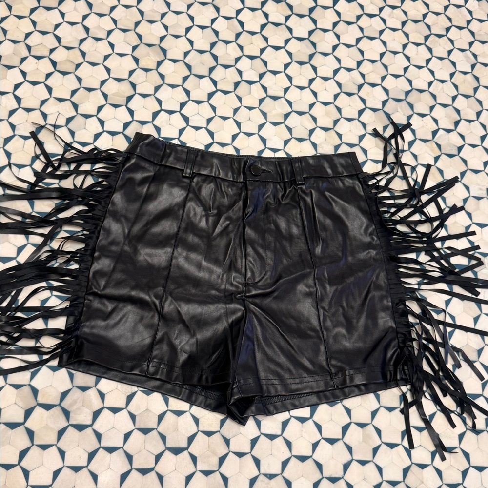 Black Fringe Faux Leather Shorts Farmer Heritage Festival wear Boho Chic